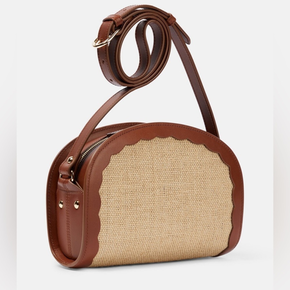 A.P.C. Demi Lune Jute Raffia Leather Crossbody Purse Bag Noisette Brown Tan - Picture 3 of 14